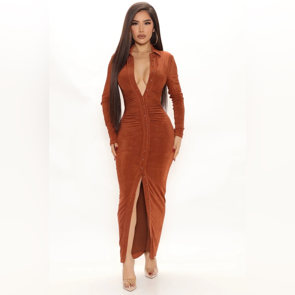 Fashion Nova Silky Smooth Long Sleeve Slinky Dress - Copper